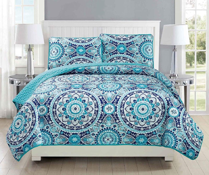 Fancy Linen 2pc Twin/Twin Extra Long Quilt Bedspread Set Over Size Bed Cover (Floral Turquoise Blue Gray Teal)